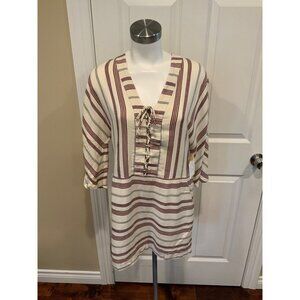 BCBG Max Azria White Striped W/ Lace-Up V-Neck, "Milana" Dress, Size XS